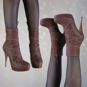 Miu Miu Y2K Platform Stiletto Boots - Studded Brown Ankle Heels 37 Designer